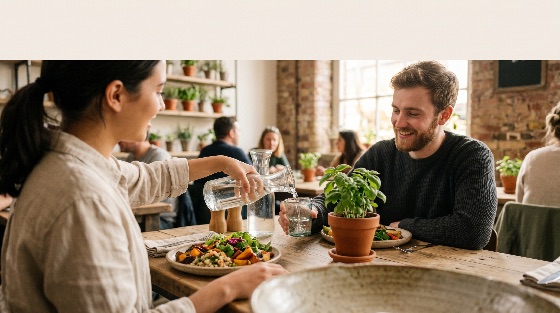 happy, young, couple, enjoying, healthy, lunch, rustic, plant-filled, cafe, woman, pouring, water, restaurant, food, lifestyle, relationship, dining, date, man, together, interior, plants, meal, socializing, carafe, glass, smiling, friendship, leisure, wellness, modern, bright, natural, light, wooden, table, brick, wall, hospitality, sustainable, urban, eating, conversation, adults, eco-friendly, indoor, daytime, people