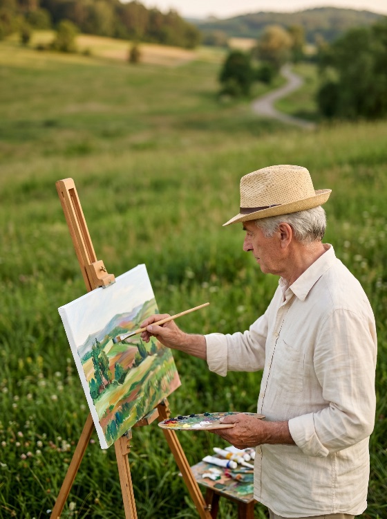 elderly, man, straw, hat, painting, scenic, landscape, canvas, outdoors, lush, green, field, senior, artist, nature, hobby, retirement, creative, art, easel, palette, brush, sunset, countryside, rural, leisure, activity, talent, skill, oil, hills, summer, peaceful, serene, inspiration, expression, lifestyle, male, person, caucasian, active, plein, air, fine, painter, relaxation, meadow, artistic, craft, professional, hobbyist, arts, culture