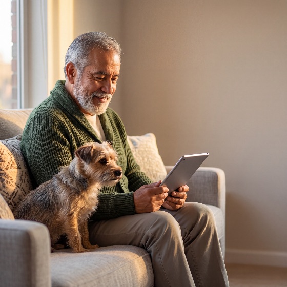 happy, senior, man, with, grey, hair, and, beard, sits, cozy, living, room, sofa, his, small, dog, smiling, while, using, digital, tablet, during, warm, sunset, golden, hour, afternoon, home, elderly, lifestyle, technology, pet, happiness, retirement, internet, connection, companion, animal, domestic, sunlight, grandfather, male, cardigan, relaxation, leisure, indoor, communication, browsing, online, screen, friendship, loyalty, terrier, peaceful, aging, modern, wireless, tech-savvy, comfort, light, together, bonding, people