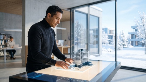 professional, male, architect, examining, digital, building, model, high-tech, touch, table, modern, architectural, office, architecture, design, technology, engineer, urban, planning, innovation, construction, real, estate, developer, screen, winter, snow, landscape, window, interior, businessman, project, blueprint, future, futuristic, workspace, corporate, creative, industry, visualization, holographic, smart, city, sustainable, apartment, skyscraper, engineering, work, career, services, contemporary, buildings