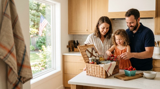 happy, family, with, young, daughter, packing, picnic, basket, fresh, strawberries, bright, modern, kitchen, american, flag, visible, through, the, window, parents, mother, father, child, girl, food, healthy, lifestyle, home, domestic, smiling, together, bonding, summer, spring, patriotism, usa, sunny, interior, wood, cabinets, jars, fruit, preparation, leisure, weekend, activity, childhood, parenting, love, togetherness, caucasian, people, three, house, island