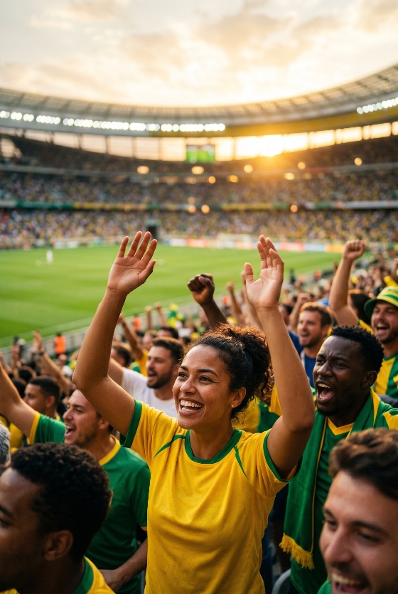 excited, young, woman, and, diverse, crowd, football, fans, cheering, for, their, team, packed, stadium, during, golden, hour, match, soccer, celebration, game, supporters, brazil, yellow, green, jersey, excitement, joy, sunset, sports, arena, audience, goal, victory, emotion, happiness, lifestyle, people, group, leisure, entertainment, championship, tournament, world, cup, fan, spectator
