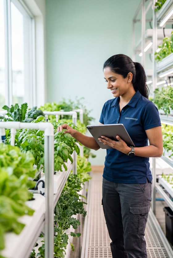 professional, female, agriculturalist, using, digital, tablet, monitor, plant, health, modern, indoor, vertical, hydroponic, farm, hydroponics, agriculture, technology, woman, scientist, farming, sustainability, green, plants, basil, lettuce, agtech, smart, greenhouse, urban, food, production, monitoring, research, science, environment, growth, organic, healthy, south, asian, indian, worker, industry, innovation, eco-friendly, cultivation, plantation, harvest, data, inspection, quality, control, laboratory, botanical, gardening, system, sustainable