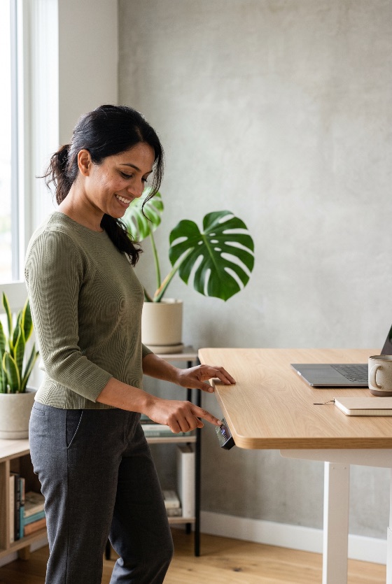 indian, woman, smiling, while, adjusting, the, height, her, ergonomic, standing, desk, bright, modern, home, office, adjustable, ergonomics, working, from, remote, work, technology, interior, lifestyle, professional, health, wellness, workplace, furniture, laptop, houseplant, monstera, productivity, business, freelancer, electronic, control, panel, smart, apartment, casual, happy, south, asian, ethnic, female, adult, one, person, career, comfort, design, contemporary, natural, light, finance