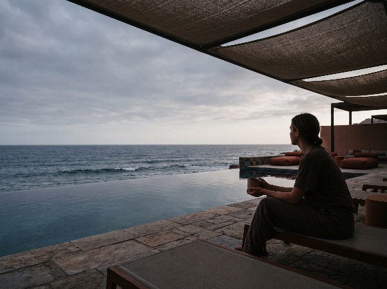 woman, enjoying, peaceful, morning, with, cup, coffee, beside, side, view, sitting, sun, lounger, covered, terrace, holding, ceramic, mug, while, gazing, the, open, ocean, from, infinity, pool, luxury, seaside, hotel, calm, atmosphere, overcast, sky, and, elegant, architectural, design, create, tranquil, setting, for, relaxation, wellness, travel, resort, sea, lounge, vacation, serene, horizon, villa, leisure, outdoor, poolside, deck, lifestyle, water, solitude, twilight, coast, coastal, getaway, drink, relaxing, architecture, summer, destination, seascape, tranquility, deckchair, profile, shade, modern, perspective, holiday, paradise, scenic, quiet, nature, landscapes