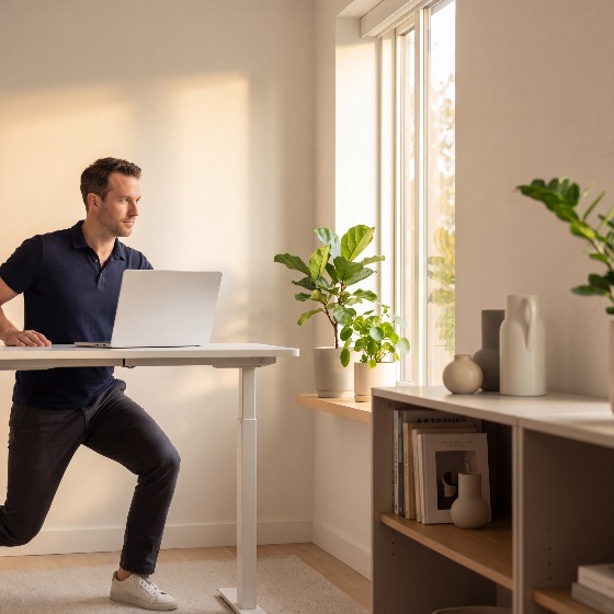 productive, young, man, exercising, while, working, laptop, adjustable, standing, desk, bright, modern, home, office, with, warm, natural, light, green, plants, and, stylish, interior, design, exercise, lunge, stretching, remote, work, wellness, healthy, lifestyle, ergonomics, productivity, minimalist, sunlight, fiddle, leaf, fig, professional, multitasking, fitness, health, computer, technology, caucasian, adult, male, casual, apartment, decor, furniture, from, wellbeing, active, focus, concentration, morning, cozy, business, freelance, finance