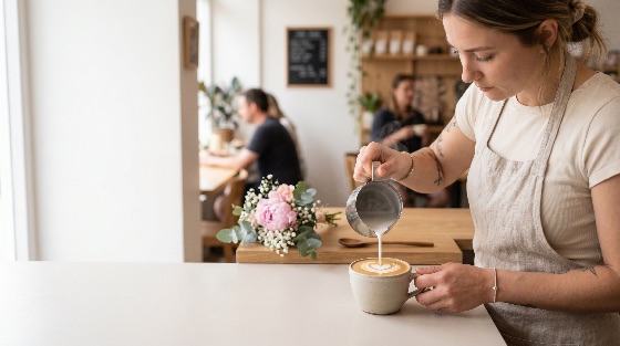 female, barista, pouring, steamed, milk, into, cup, coffee, create, latte, art, modern, cafe, cappuccino, espresso, woman, professional, shop, drink, beverage, hospitality, service, apron, pitcher, mug, heart, skill, morning, breakfast, lifestyle, bright, interior, blurred, background, flowers, peony, tattoo, small, business, entrepreneur, worker, employee, craft, artisan, preparation, foaming, steaming, dairy, culture, urban, cozy, atmosphere, refreshment, hot, caffeine, food
