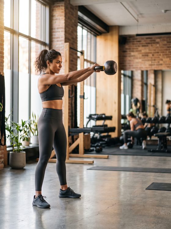 woman training with a kettlebell, bright boutique gym, plants