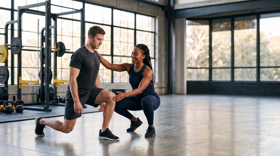 personal trainer guiding a client through a lunge, daylight gym