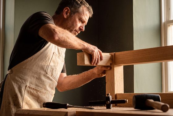 craftsman fitting a mortise and tenon joint, side light, green wall