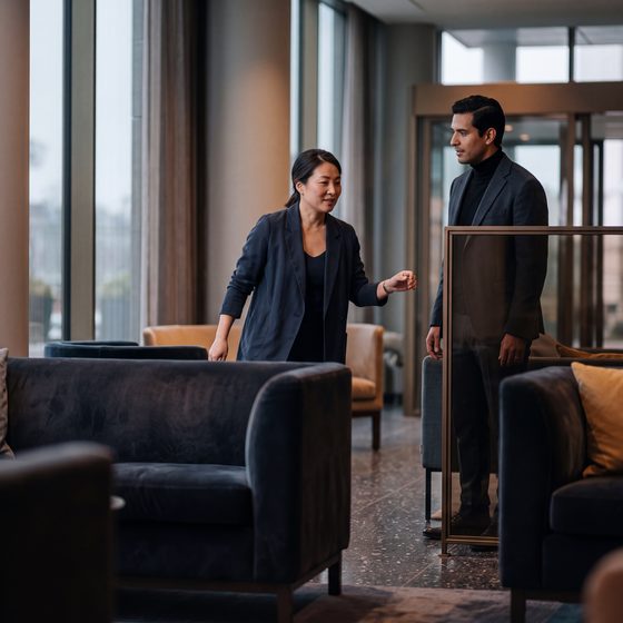 colleagues talking between velvet sofas, bronze and glass lobby