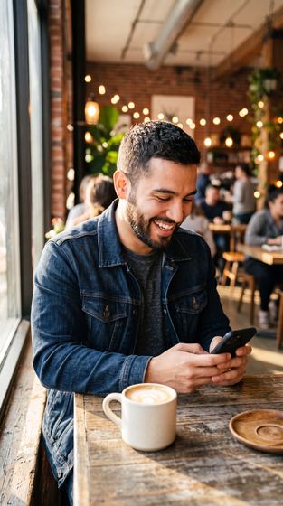man in denim jacket smiling at his phone, warm cafe, string lights