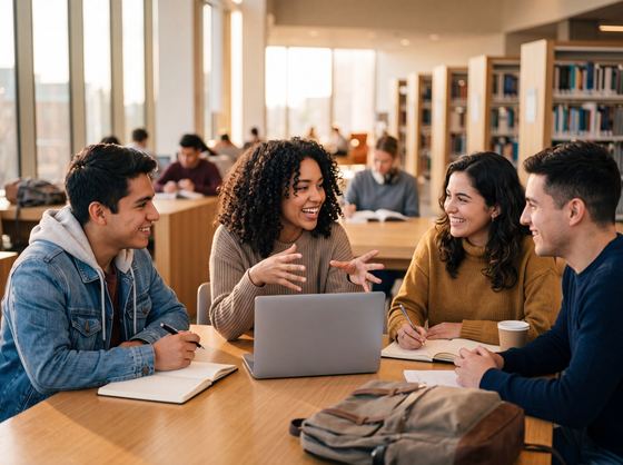 four students talking around a laptop, library windows, warm light