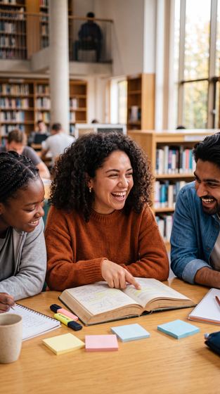student pointing at a textbook while friends laugh, library table