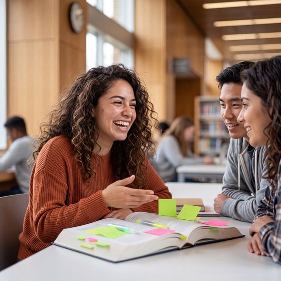 three students laughing around an open book, sticky notes, campus library