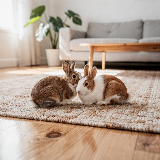 pair of rabbits resting on a jute rug, sunlit living room