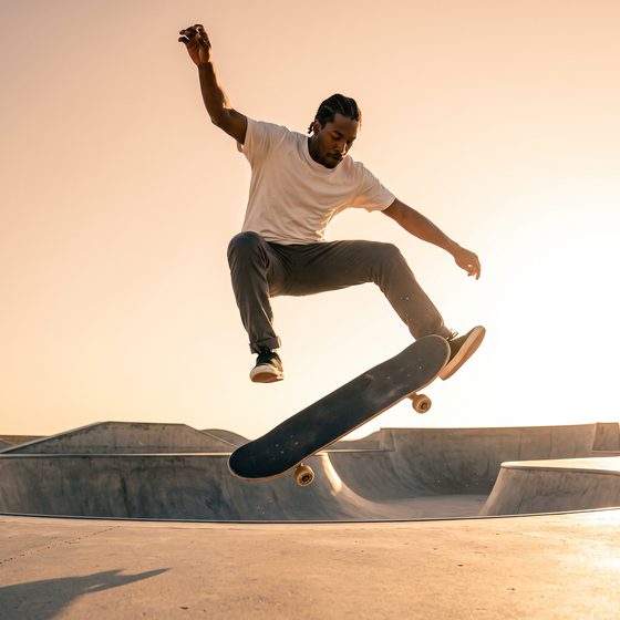 skater flipping his board over a concrete bowl, warm dusk light