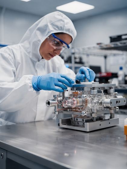 engineer in a coverall aligning an optical assembly, blue gloves
