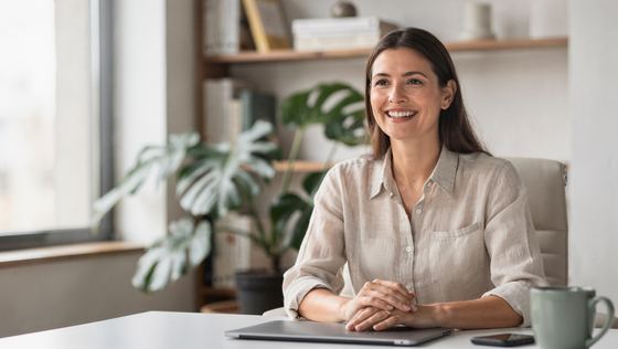 woman in linen shirt at a bright desk, plants, laptop closed