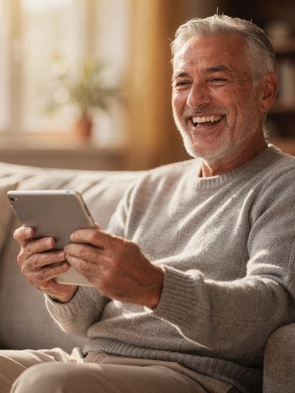 older man laughing while holding a tablet, warm sofa, backlight